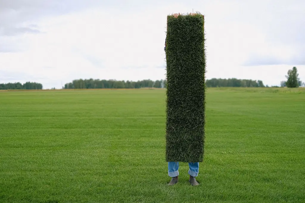Person carrying a tall stack of fresh sod across a field
